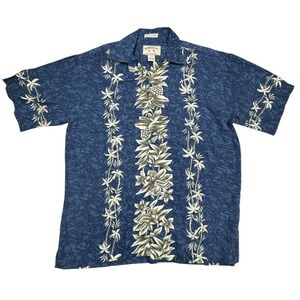 Bamboo Cay Shirt Mens Small Blue Hawaiian Rayon Floral Palm Tree Aloha Tropical